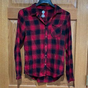 WONDER NATION Girl's XL 14-16 Long Sleeve Flannel Red Black Gold Metallic Thread